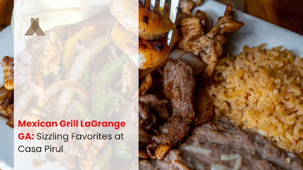 Grilled steak and chicken fajitas with peppers and onions, served with Mexican rice and refried beans on a white plate