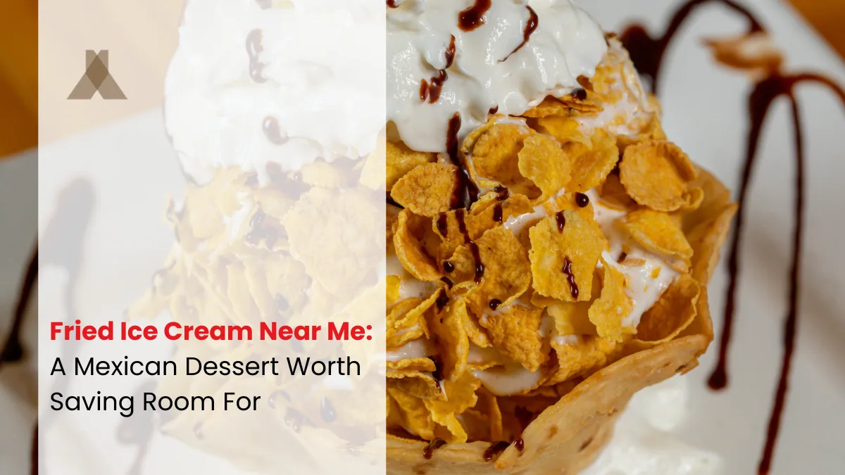 Close-up of fried ice cream in a crisp tortilla basket, coated in corn flakes and topped with whipped cream and chocolate drizzle